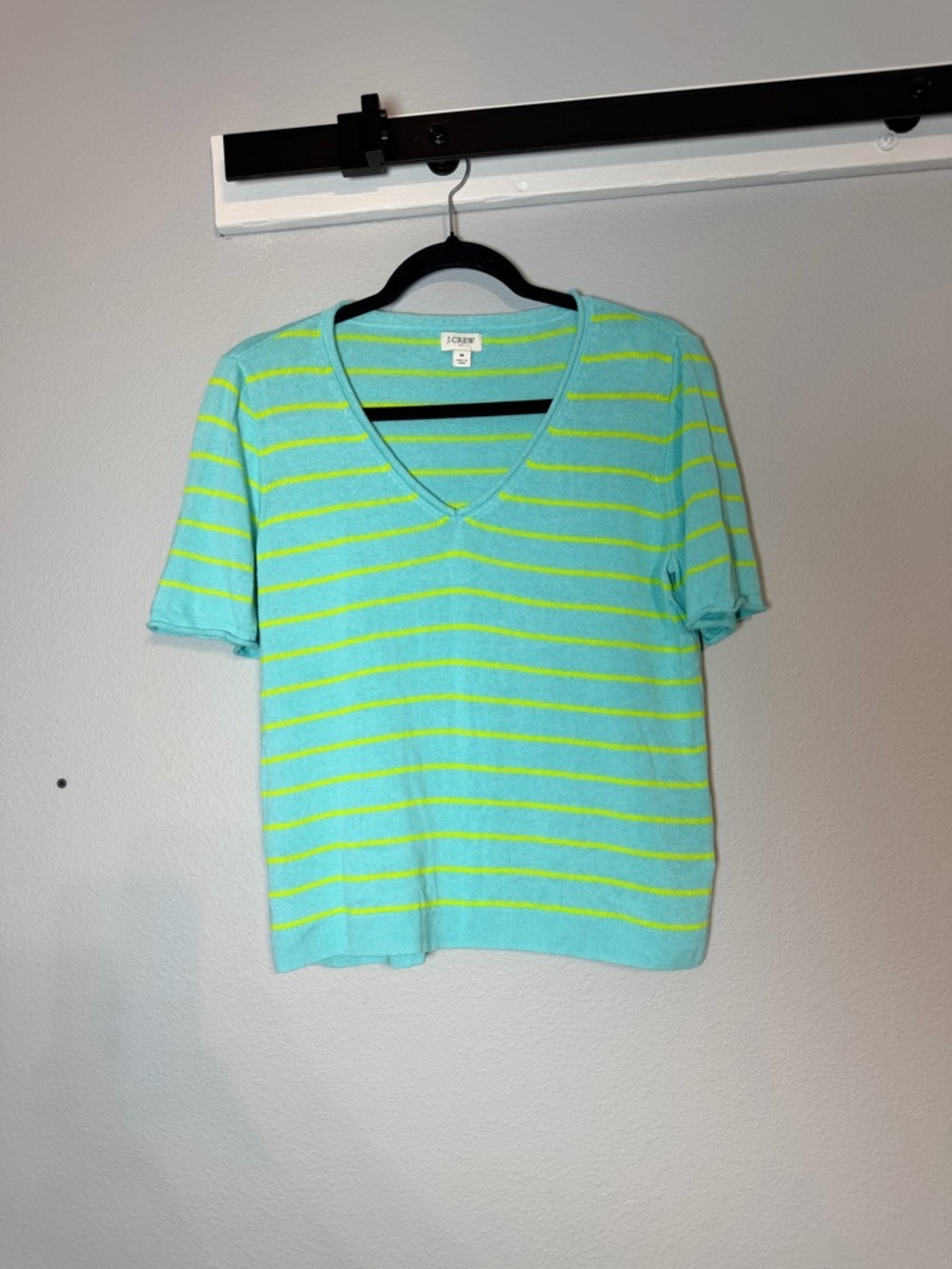 J. Crew Short Sleeve Striped Linen Blend Sweater Medium Bright Blue Lime Green